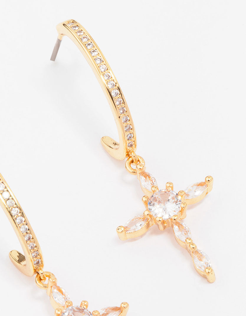 Gold Plated Cubic Zirconia Marquise Cross Drop Earrings