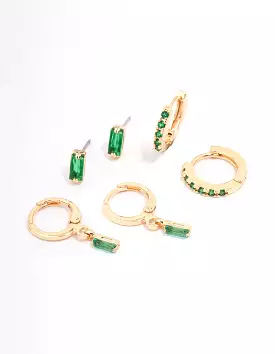 Gold Plated Emerald Baguette Earring 3-Pack