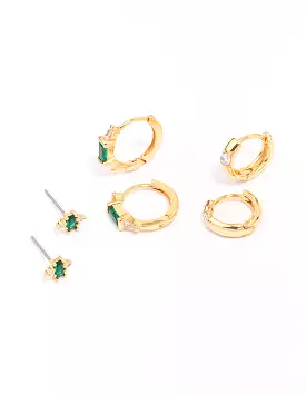 Gold Plated Emerald Boho Baguette Earring 3-Pack