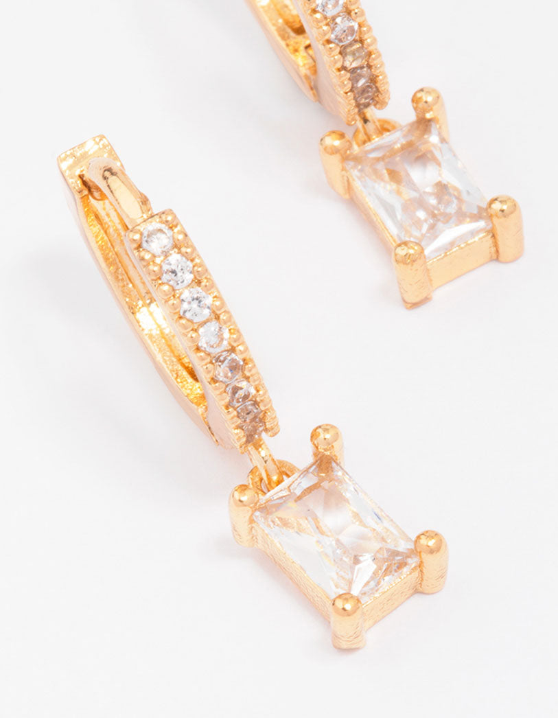 Gold Plated Pave Baguette Huggie Hoop Earrings