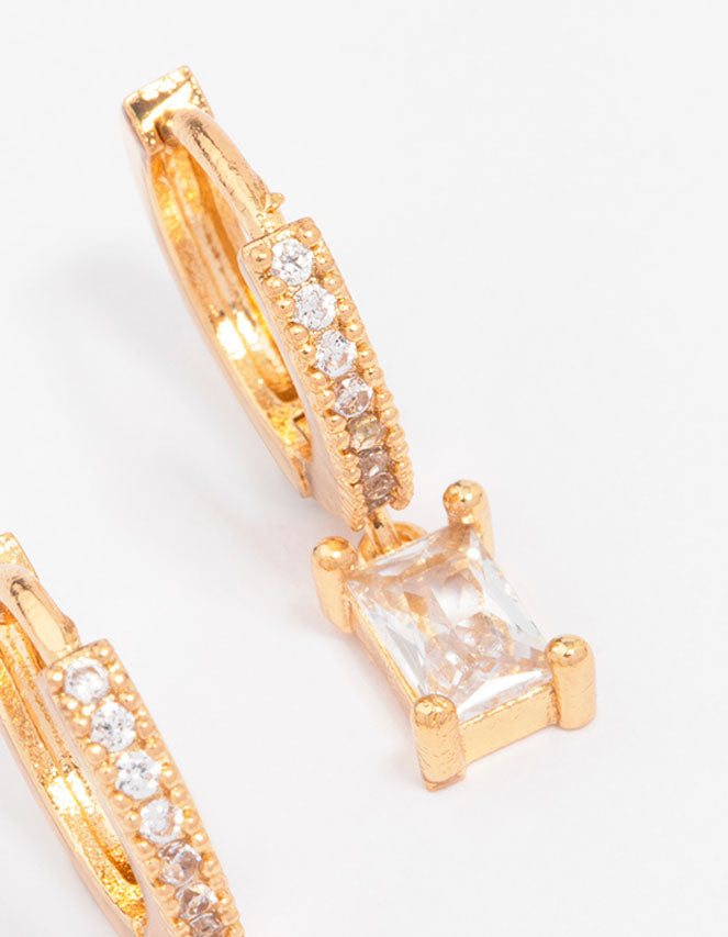 Gold Plated Pave Baguette Huggie Hoop Earrings