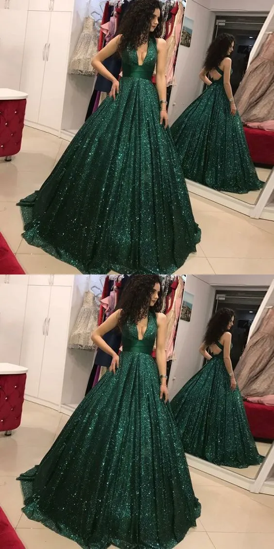 Halter Emerald Green Sequins Ball Gown Prom Dress