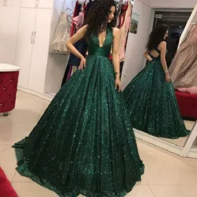 Halter Emerald Green Sequins Ball Gown Prom Dress