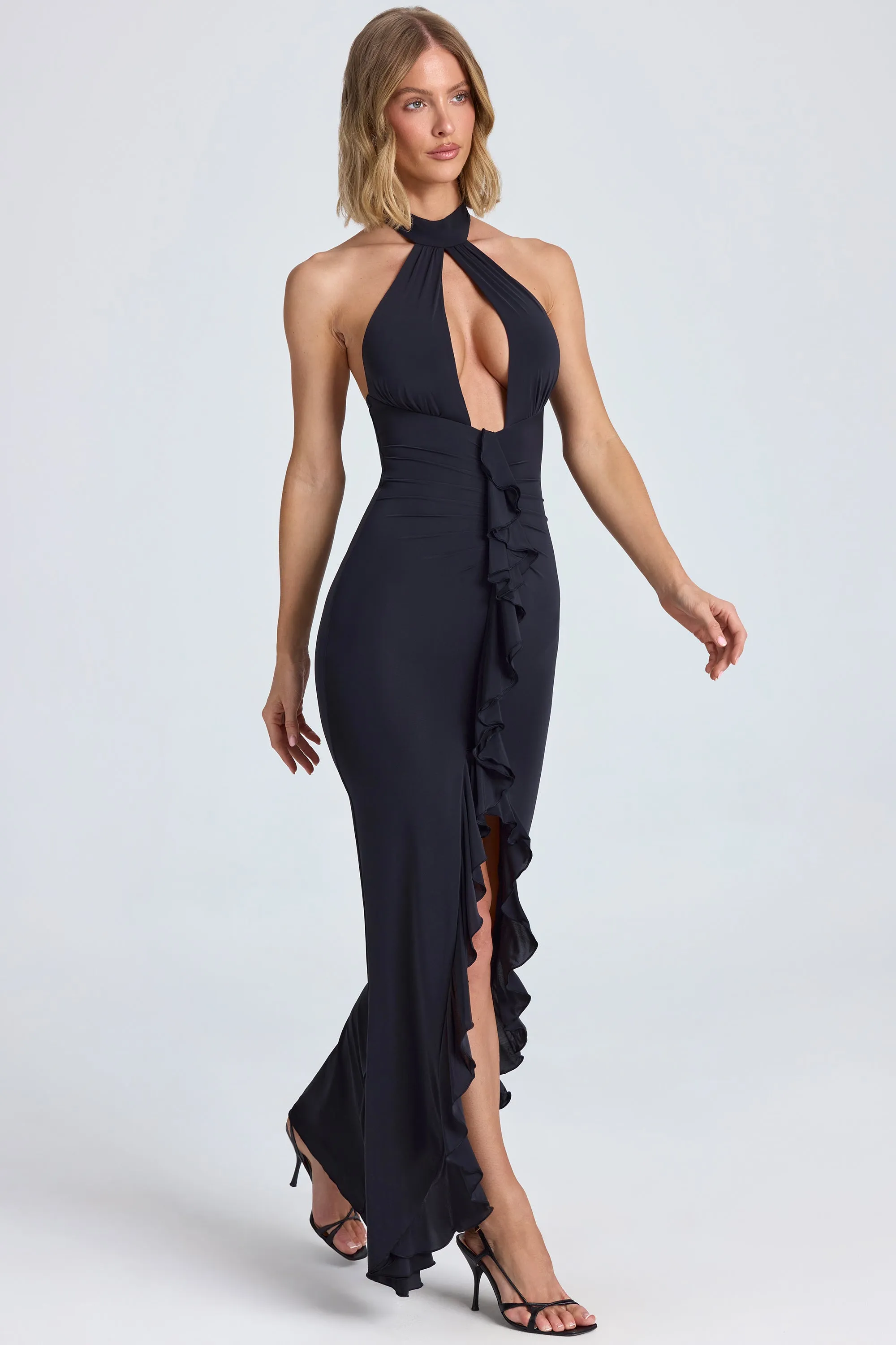 Halterneck Ruffle-Trim Gown in Black