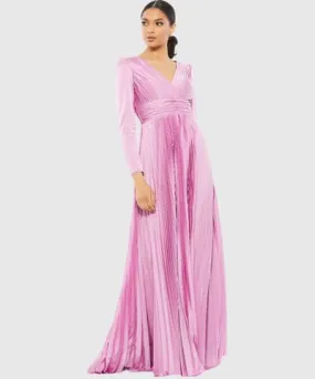 Ieena for Mac Duggal Plus Size Pleated Long Sleeve V-Neck Wedding Guest Maxi Gown