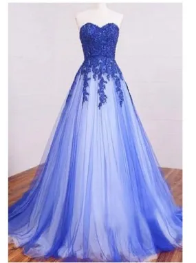 Illusion Royal Blue Strapless Lace Tulle Ball Gown Prom Dress