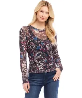 Karen Kane Women's Petite Size Long Sleeve Paisley Crew Neck Top