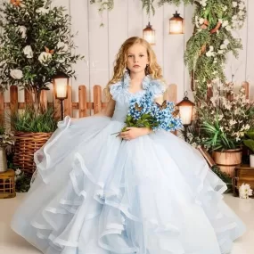 Light Blue Flower Girl Tulle Organza Ball Gown