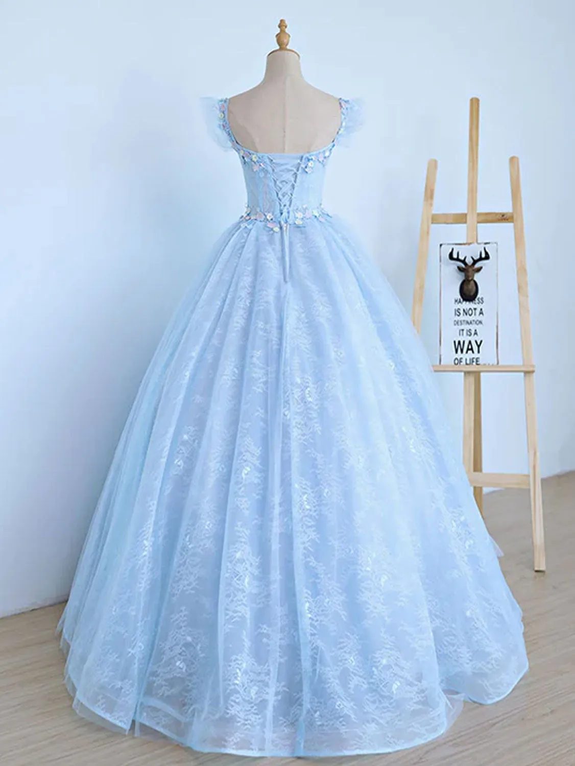 Light Blue Illusion Ball Gown Cap Sleeve Sheer Prom Dress