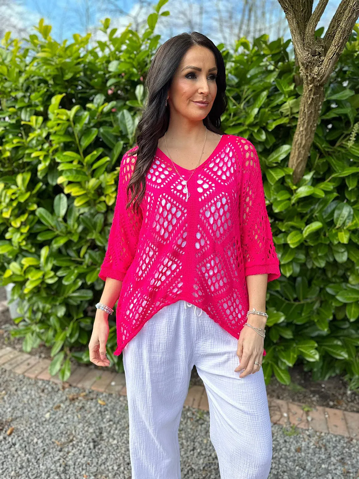 Lipstick Pink Diamond Pattern Loose Knit Top Erin