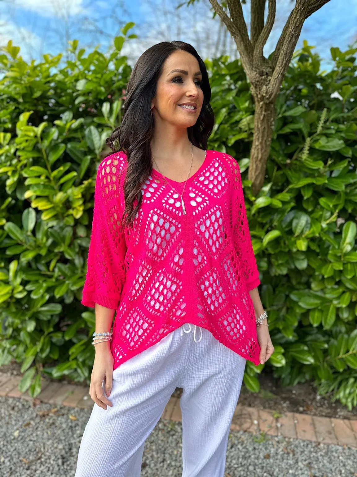 Lipstick Pink Diamond Pattern Loose Knit Top Erin