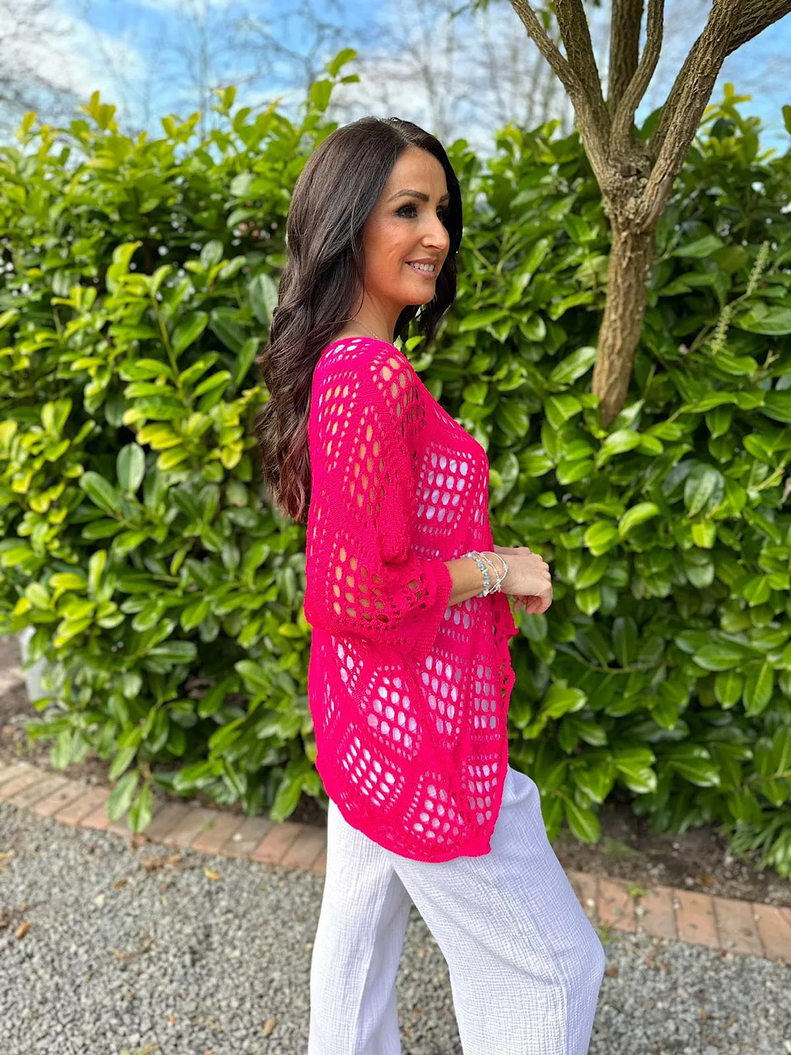 Lipstick Pink Diamond Pattern Loose Knit Top Erin