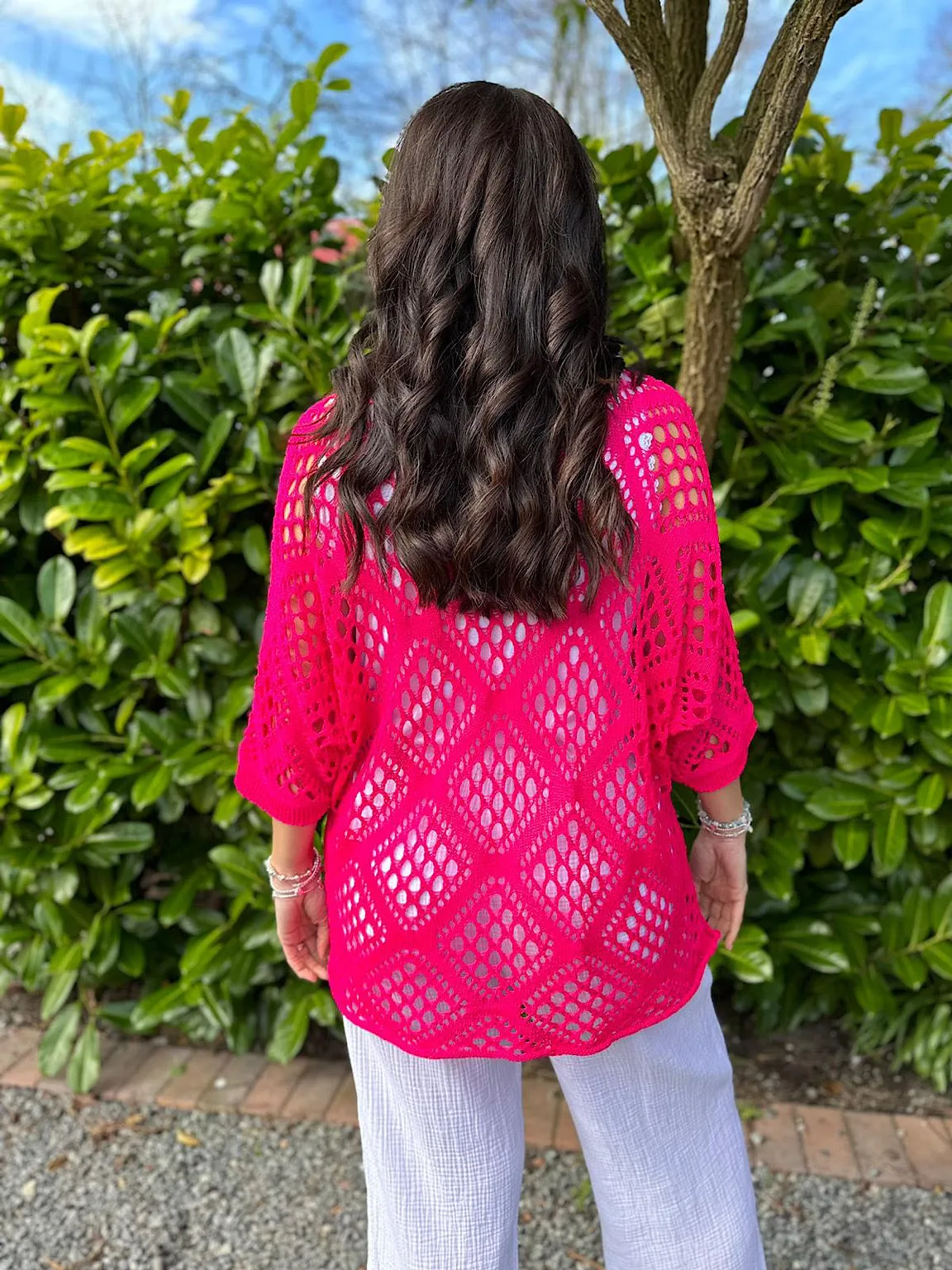 Lipstick Pink Diamond Pattern Loose Knit Top Erin