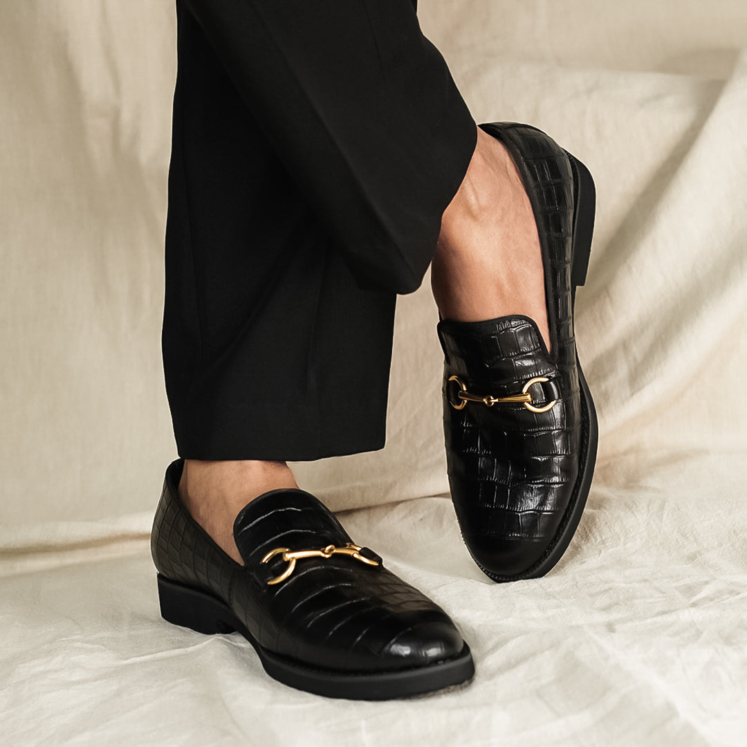 Loafer Slipper Horsebit Buckle - Black Croco Leather (Crepe Sole)