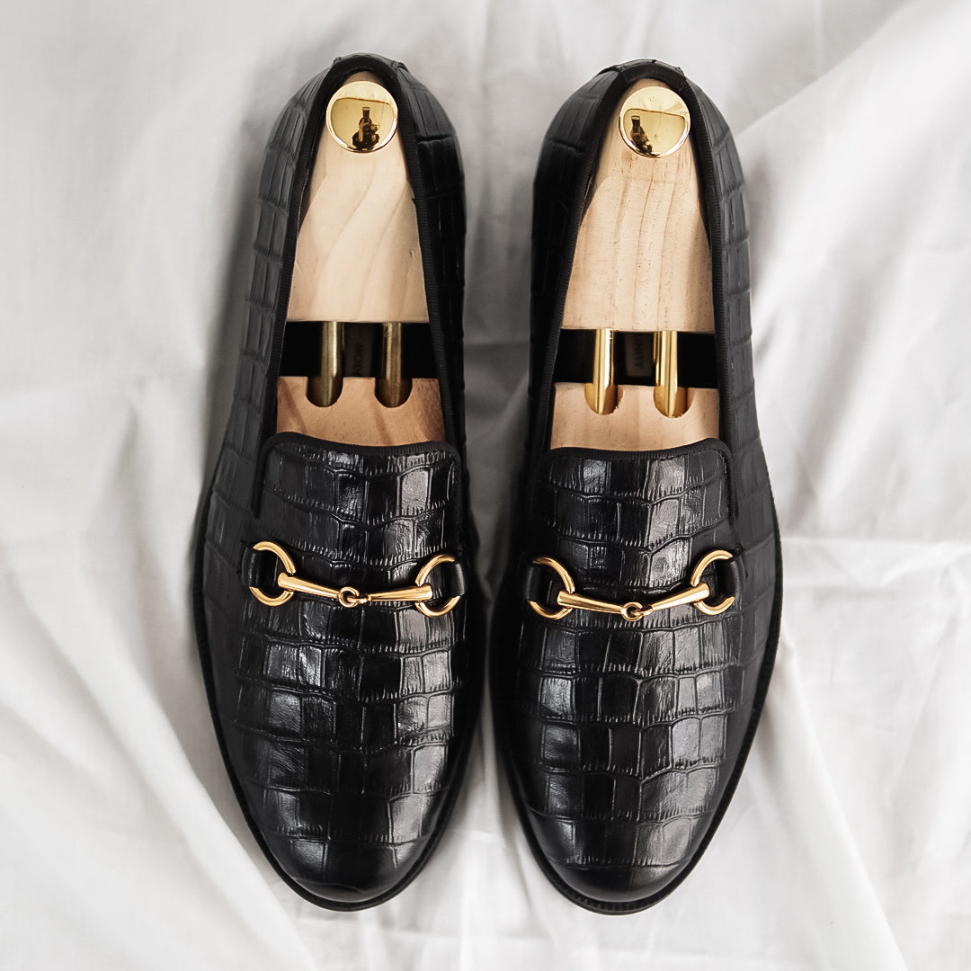 Loafer Slipper Horsebit Buckle - Black Croco Leather (Crepe Sole)