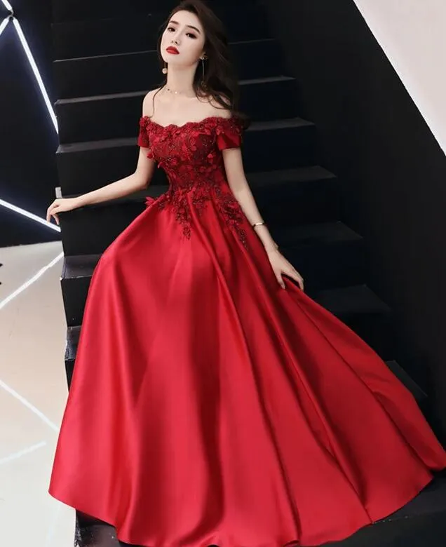 Lovely Off Shoulder Satin Wine Red Long Prom Dress, Charming Formal Gown