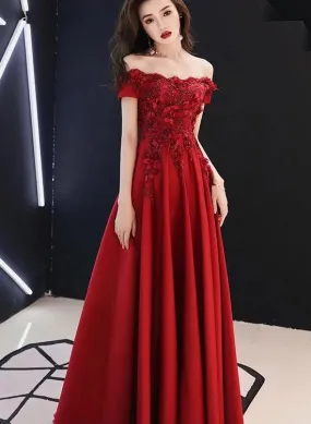 Lovely Off Shoulder Satin Wine Red Long Prom Dress, Charming Formal Gown