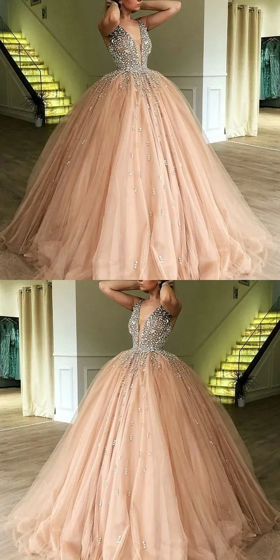 Luxury Ball Gown Champagne Tulle Dazzling Top Plunge V neck Prom Dress GDC1188