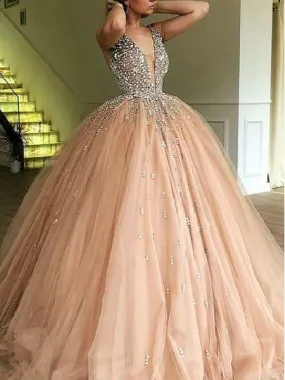 Luxury Ball Gown Champagne Tulle Dazzling Top Plunge V neck Prom Dress GDC1188