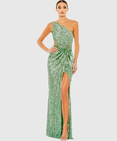 Mac Duggal Plus Size Sequined One Shoulder Draped Lace Up Wedding Guest Gown In Sage