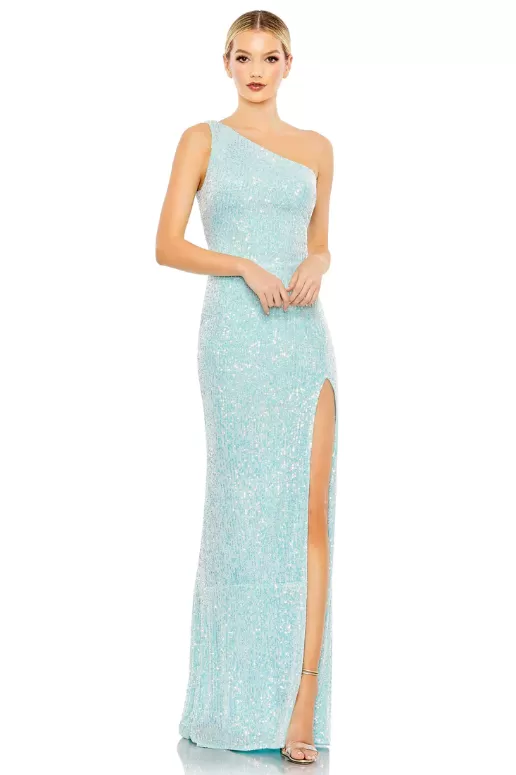 Mac Duggal sequined one shoulder draped gown style 26990