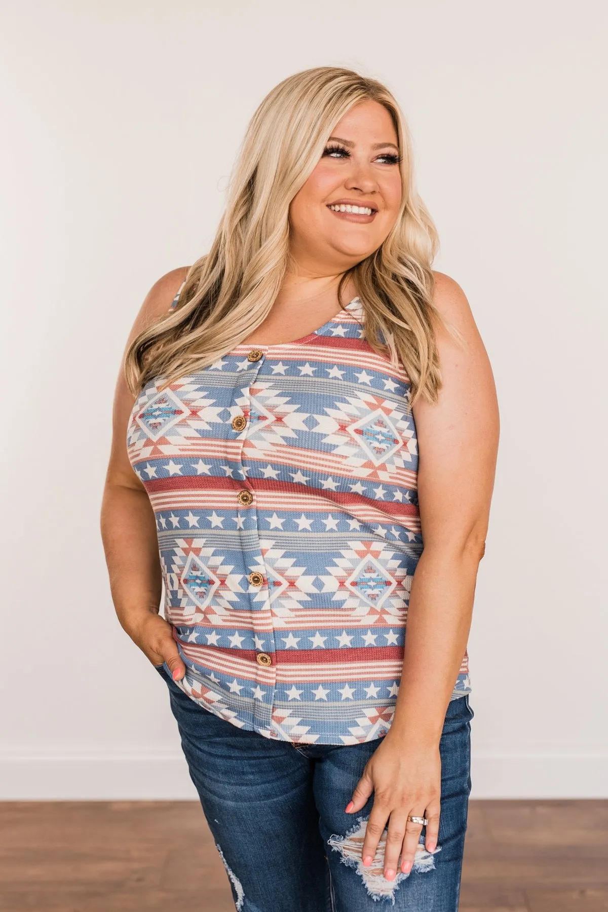 Made In America Aztec Print Tank Top- Red, White, & Blue