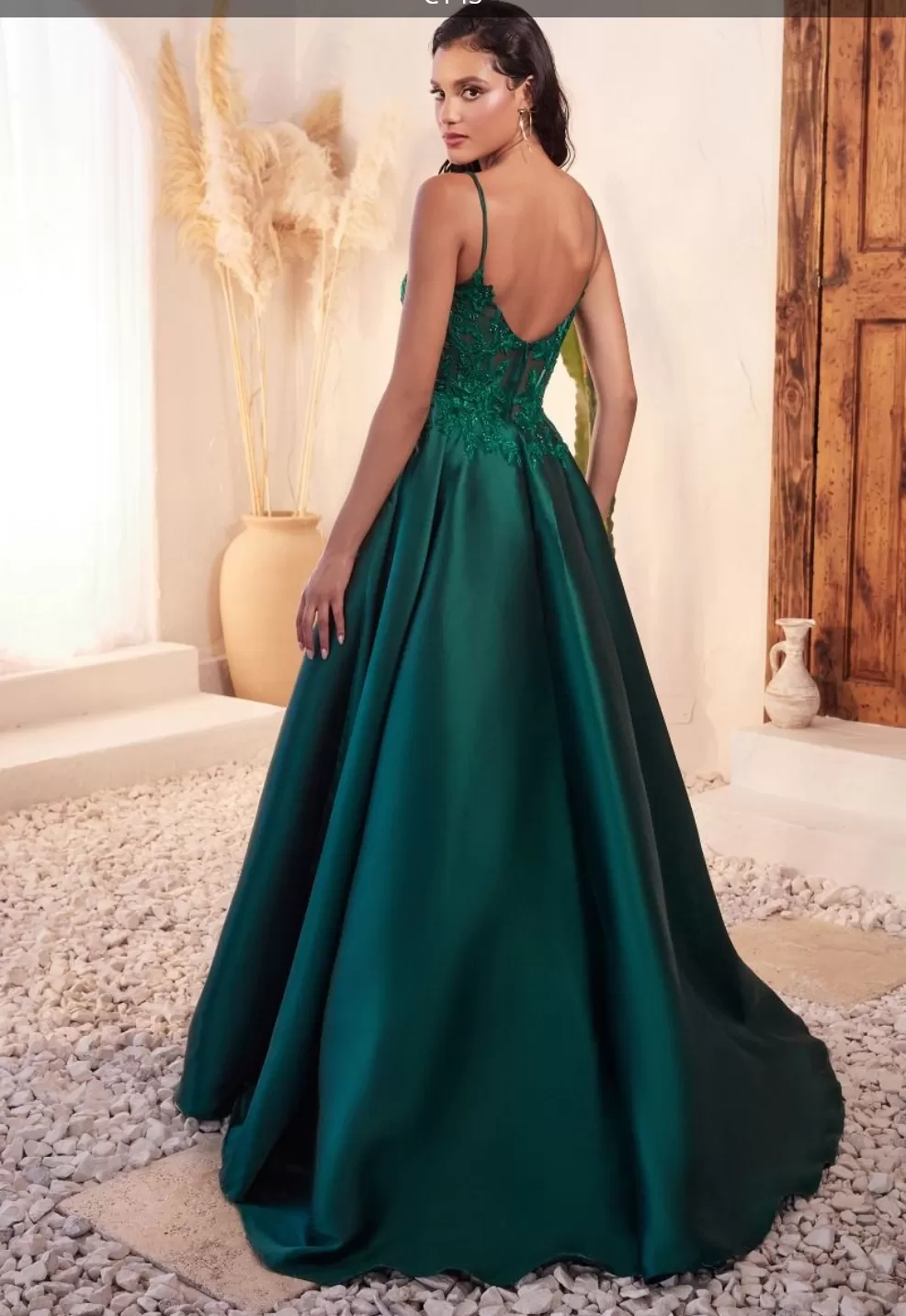 MIKADO EMERALD BALL GOWN WITH LACE DETAILS