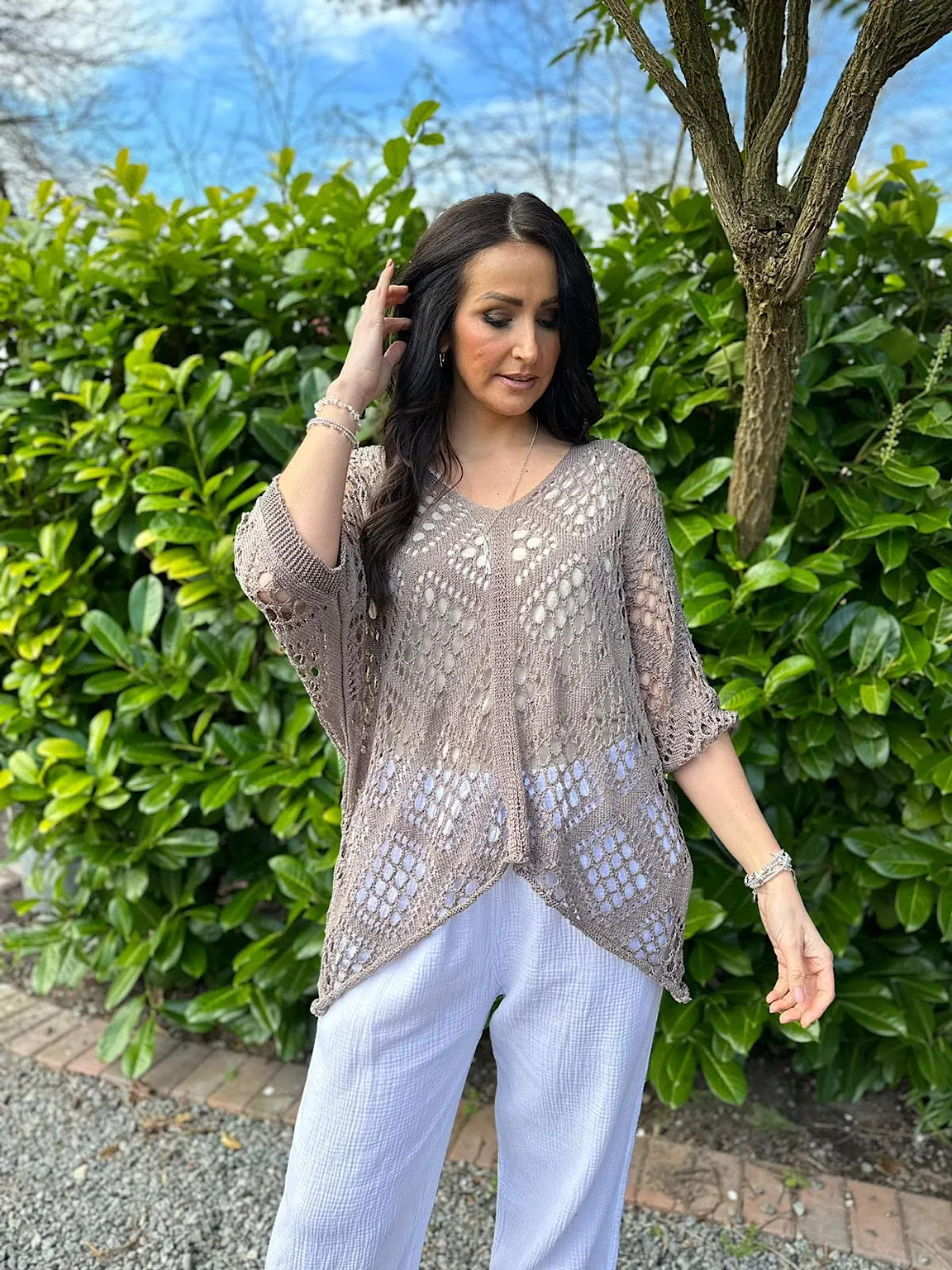 Mocha Diamond Pattern Loose Knit Top Erin