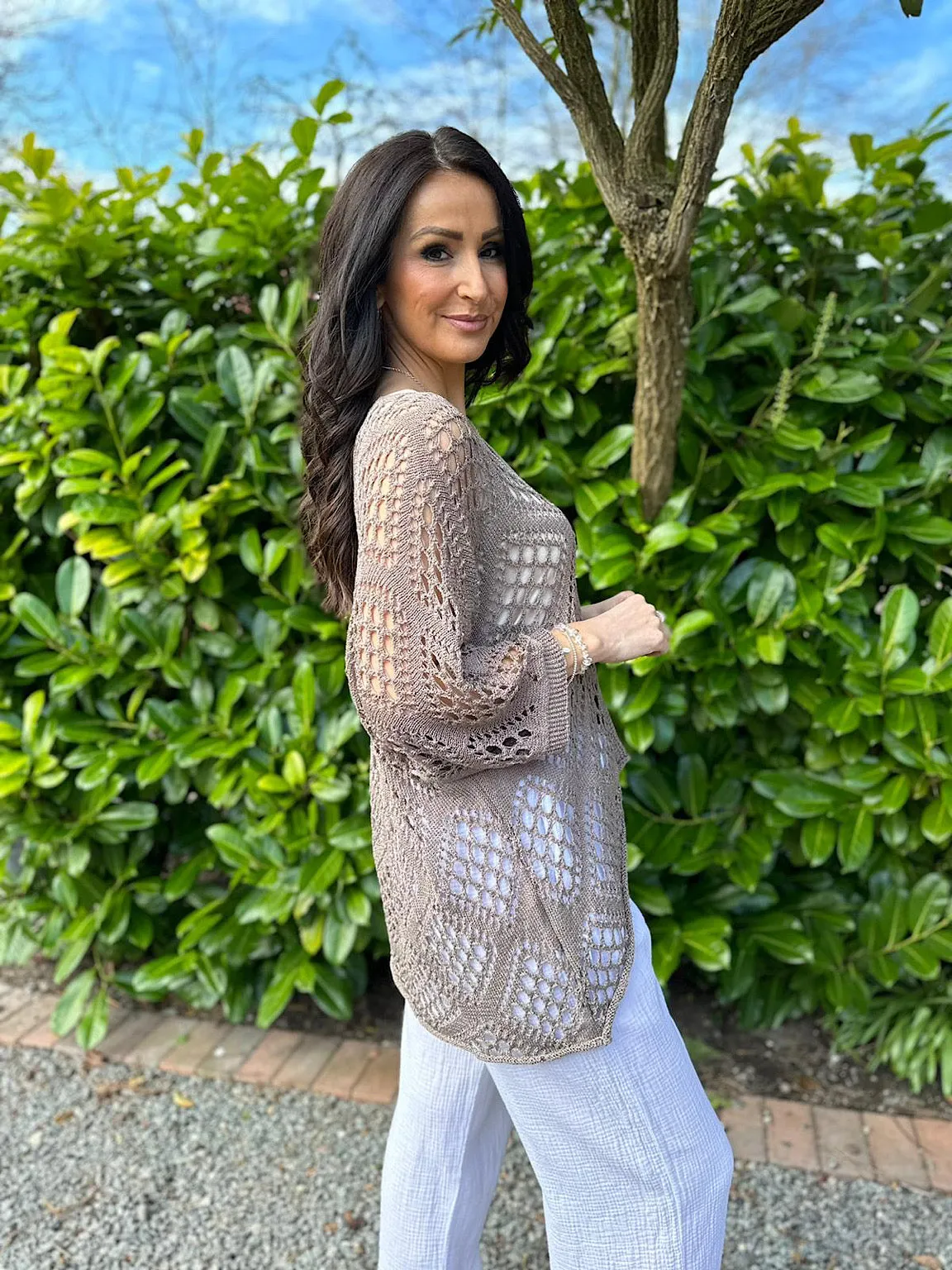 Mocha Diamond Pattern Loose Knit Top Erin