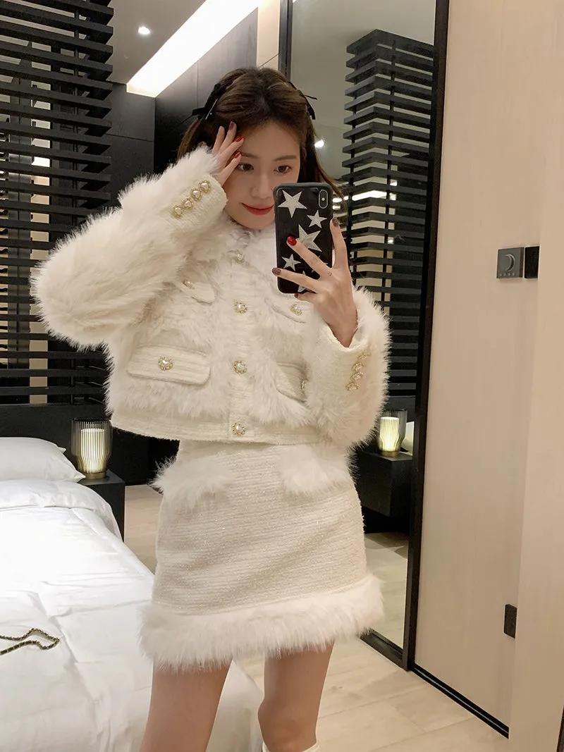 Modern Fluffy White Fur Jacket Top Skirt Two Piece Set