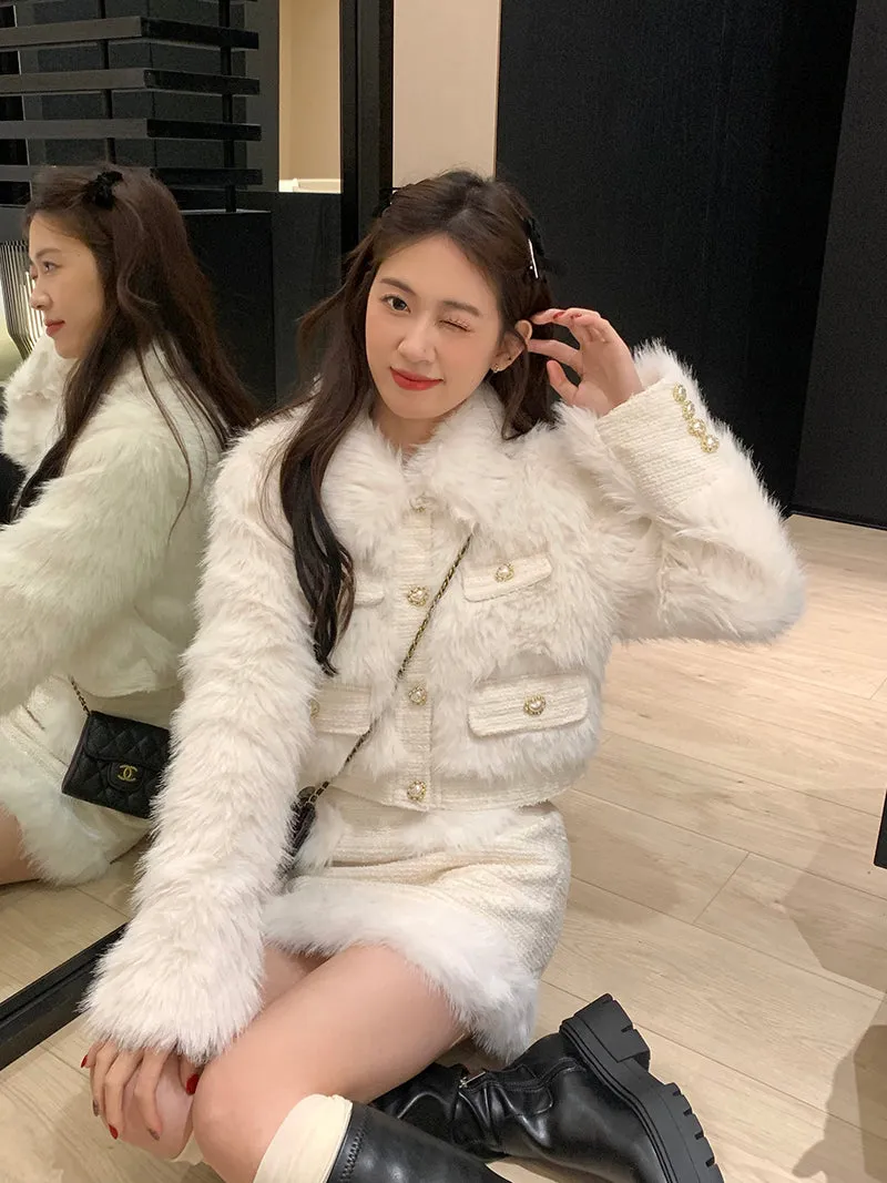 Modern Fluffy White Fur Jacket Top Skirt Two Piece Set