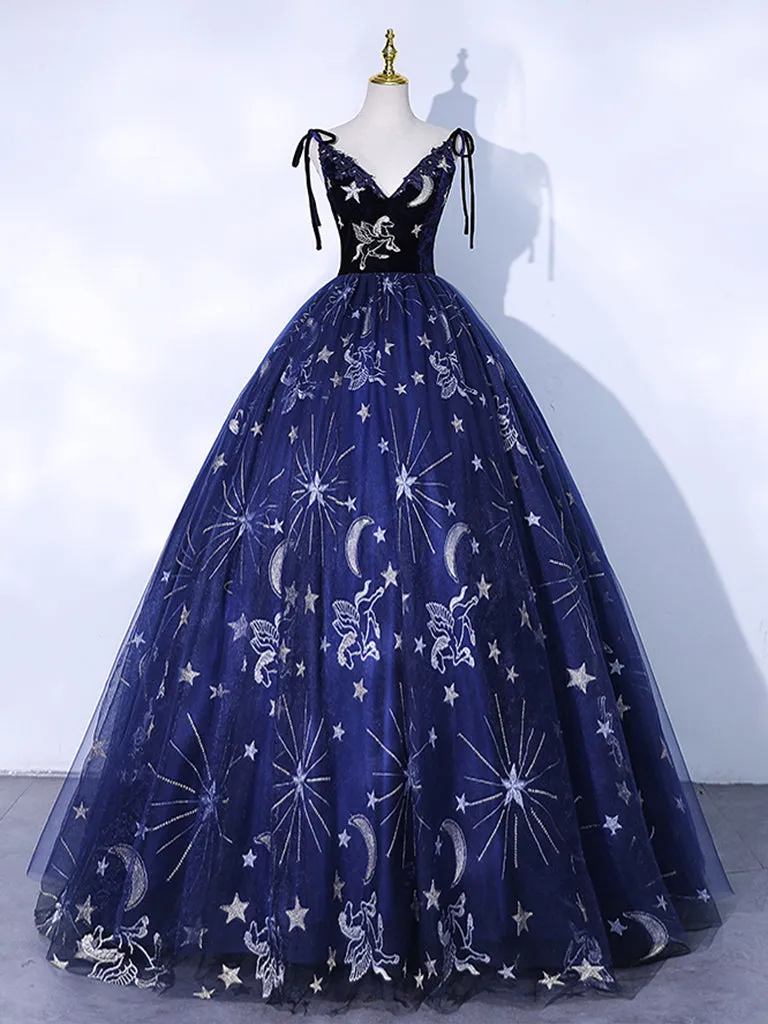 Navy Blue V-Neck Ball Gown Prom Dress Formal Dress