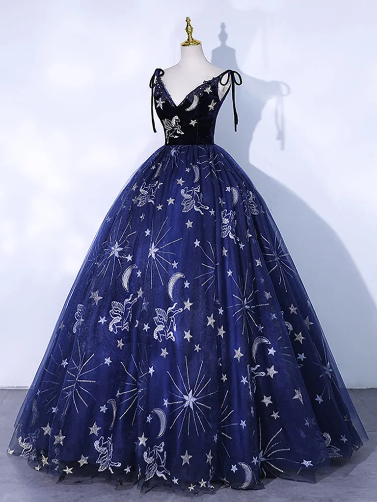 Navy Blue V-Neck Ball Gown Prom Dress Formal Dress