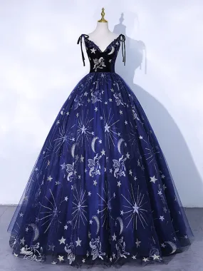 Navy Blue V-Neck Ball Gown Prom Dress Formal Dress