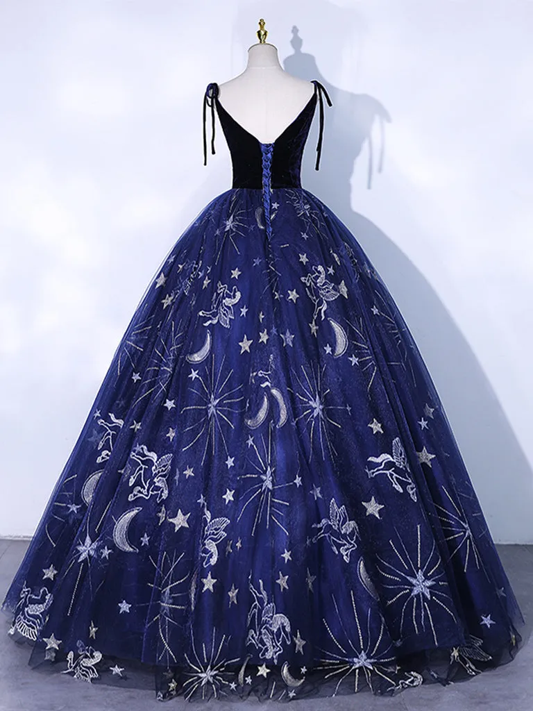 Navy Blue V-Neck Ball Gown Prom Dress Formal Dress