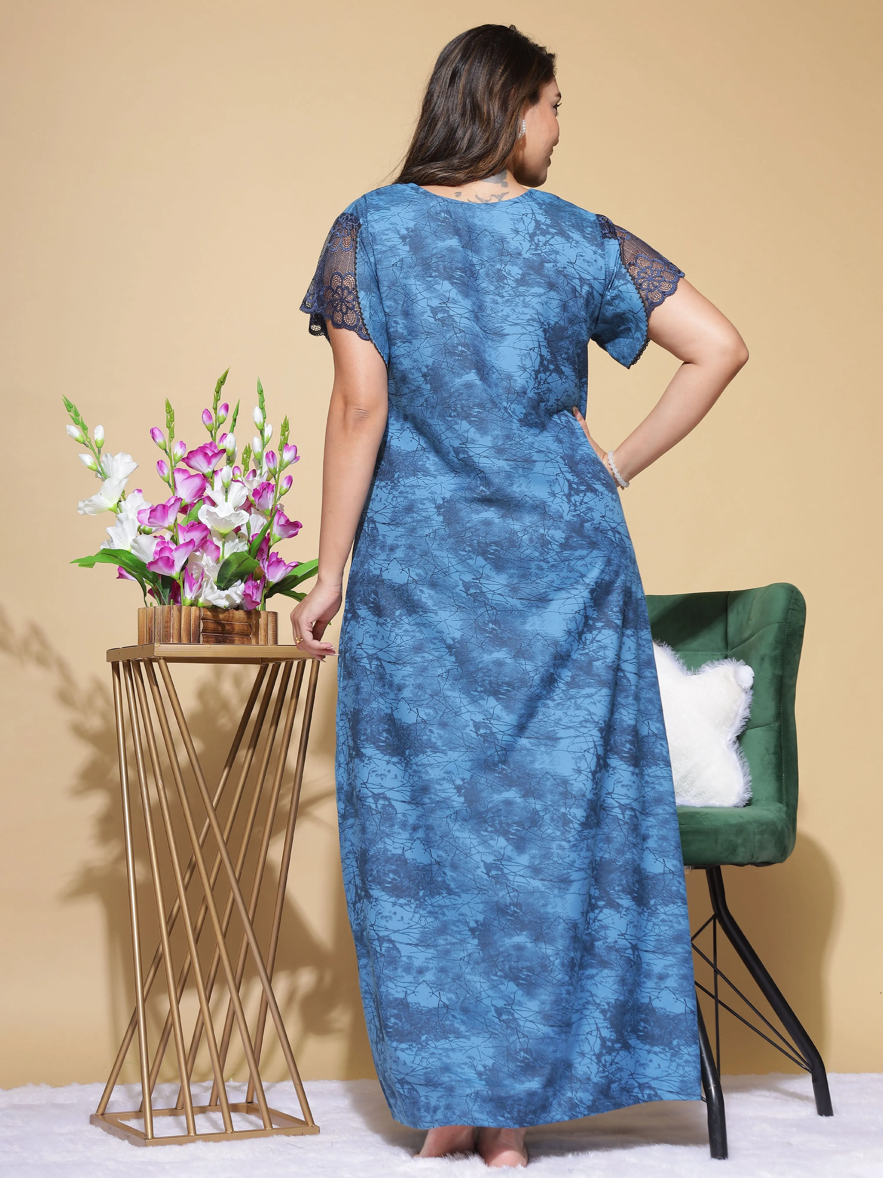 Nightify Geometric Print with Designer Neck Blue Nighty/Night Gown