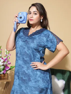 Nightify Geometric Print with Designer Neck Blue Nighty/Night Gown