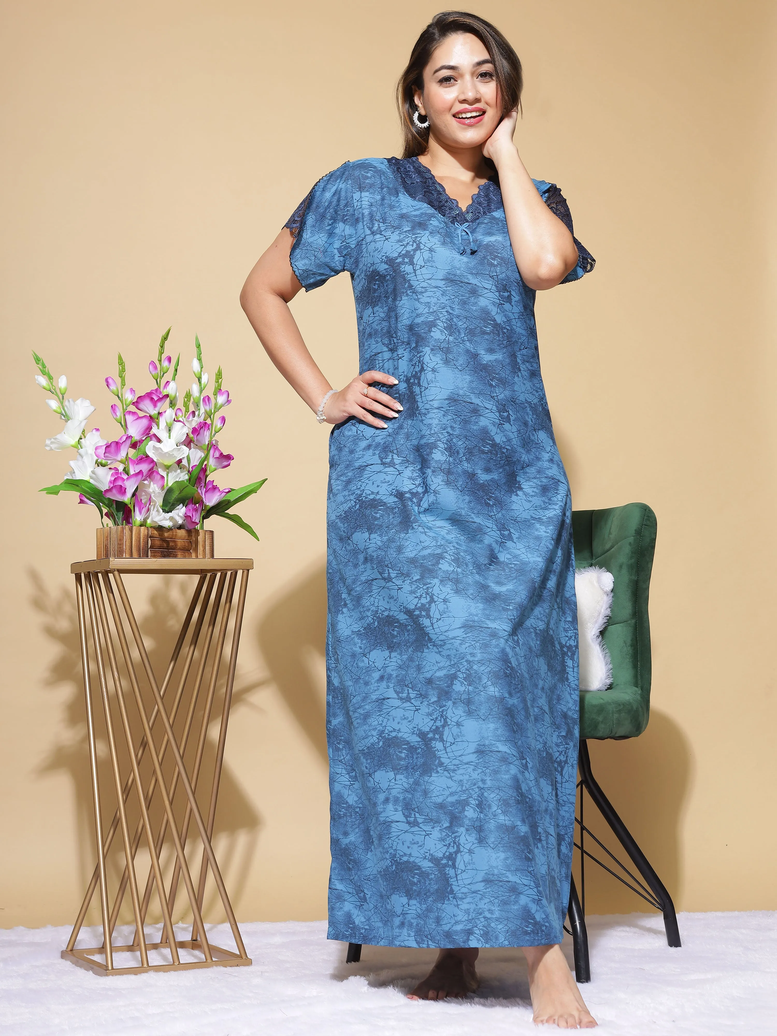 Nightify Geometric Print with Designer Neck Blue Nighty/Night Gown