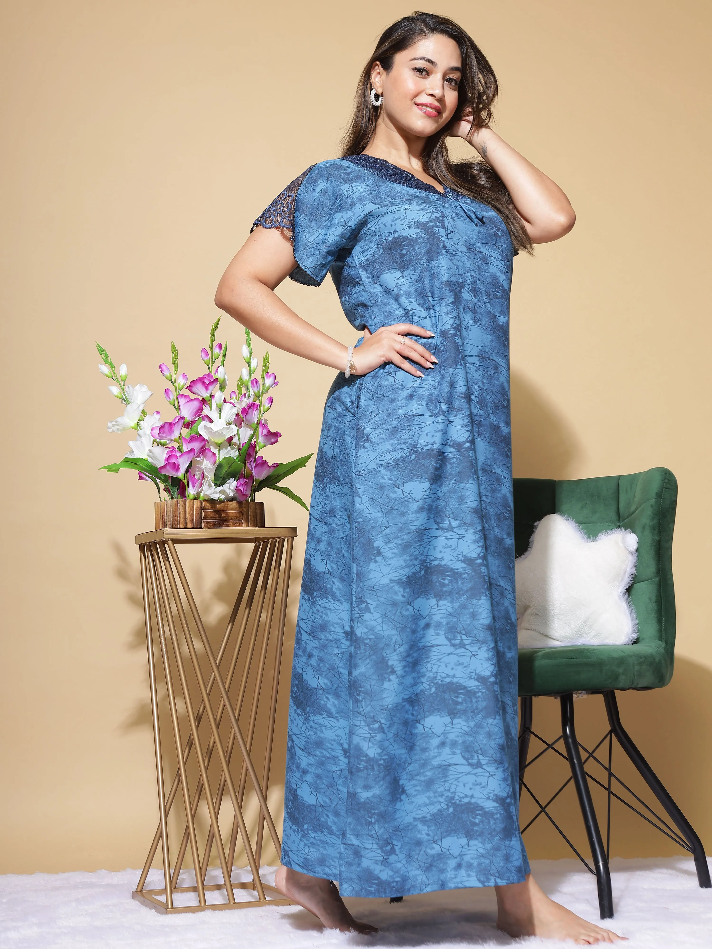 Nightify Geometric Print with Designer Neck Blue Nighty/Night Gown