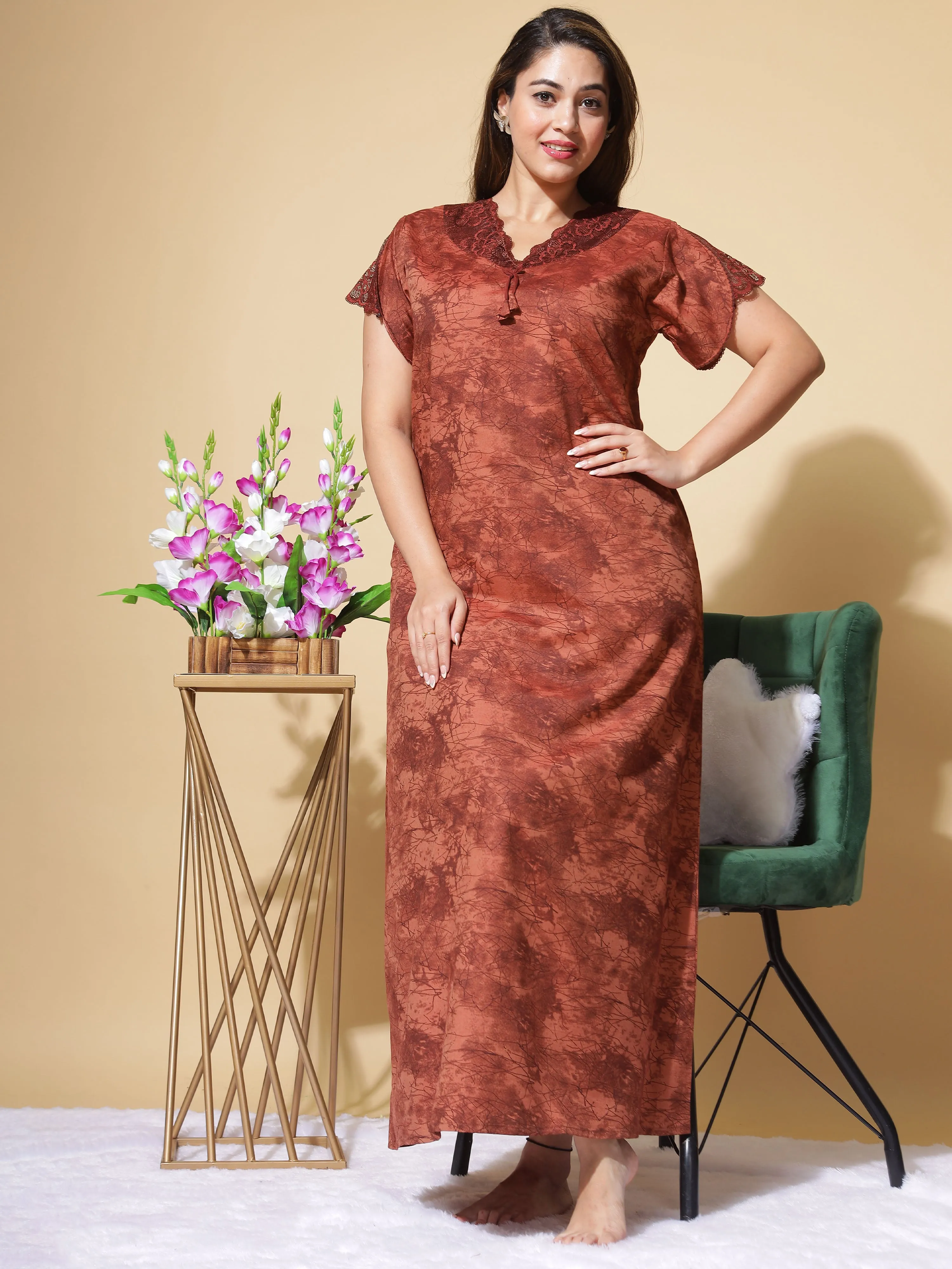 Nightify Geometric Print with Designer Neck Brown Nighty/Night Gown