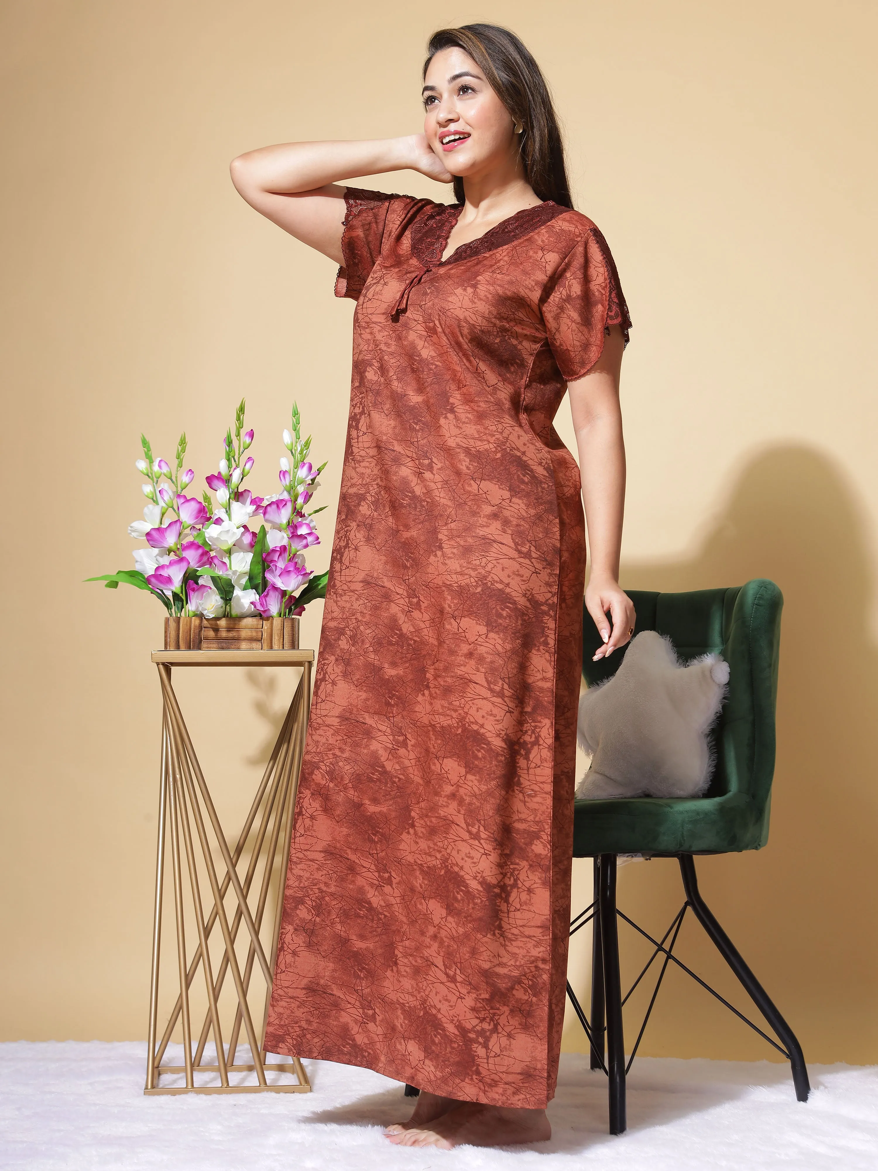 Nightify Geometric Print with Designer Neck Brown Nighty/Night Gown