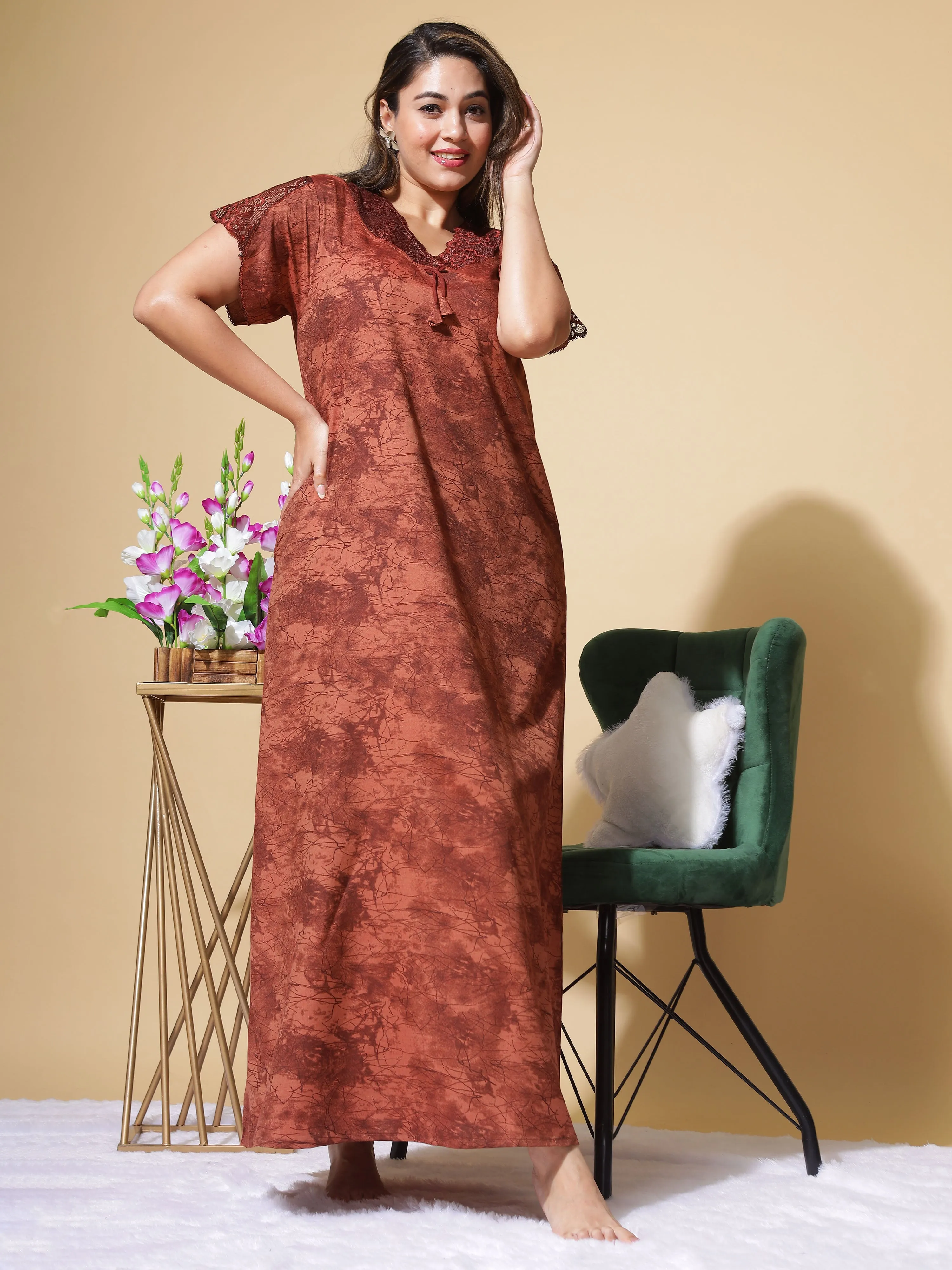 Nightify Geometric Print with Designer Neck Brown Nighty/Night Gown