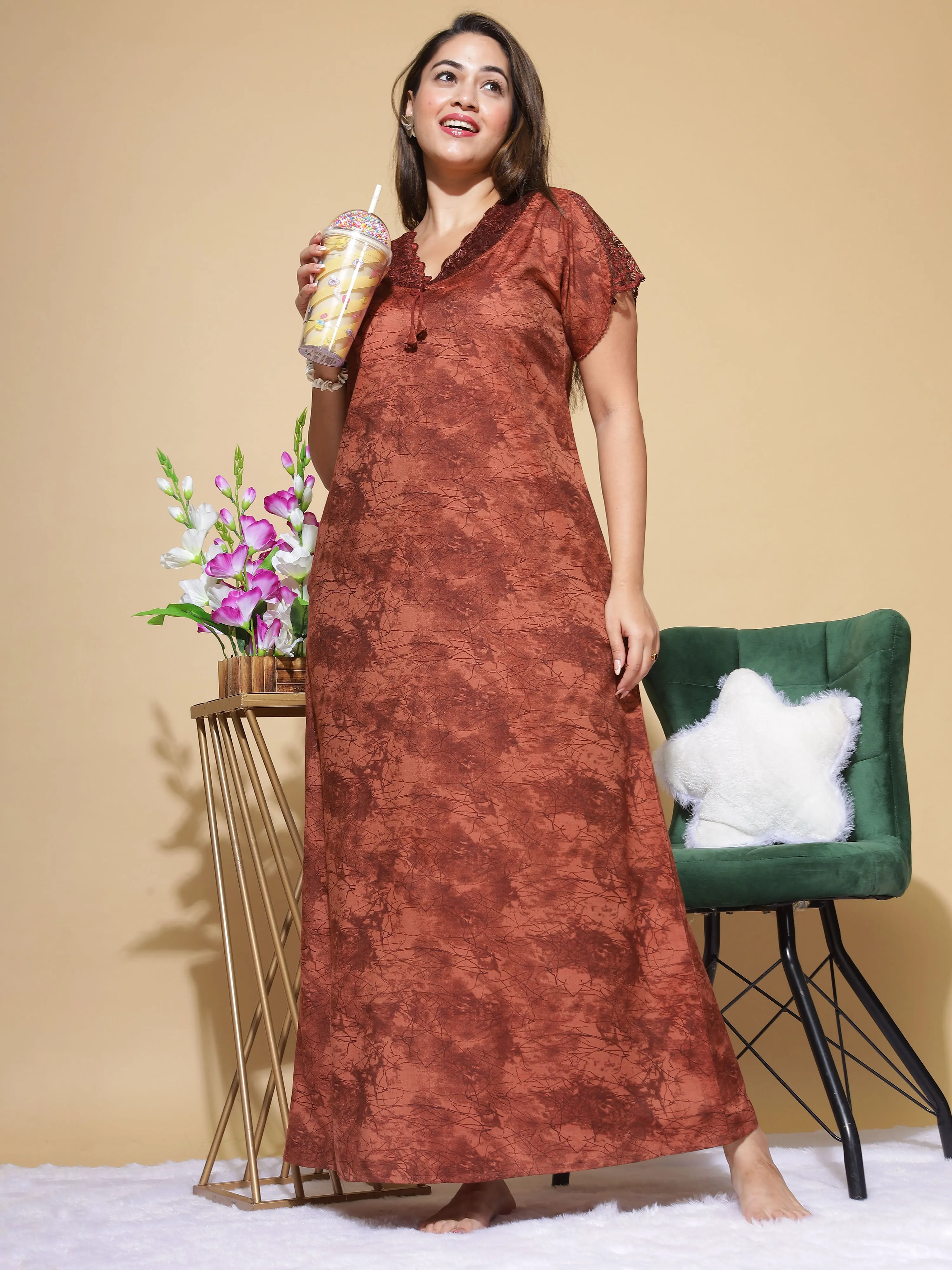 Nightify Geometric Print with Designer Neck Brown Nighty/Night Gown