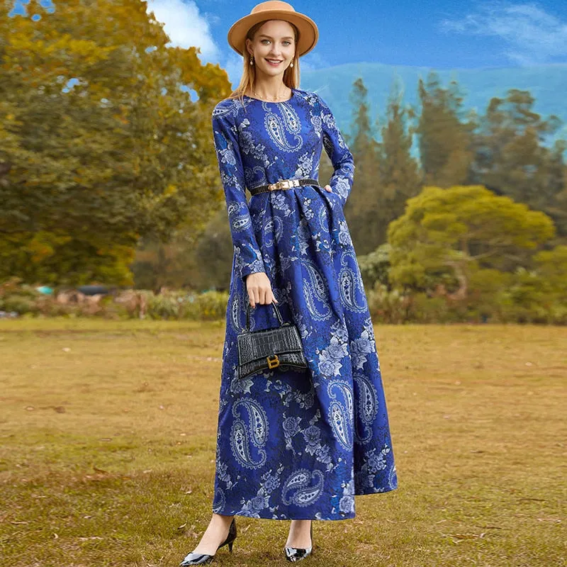 O-neck Floral Ball Gown Dress Long Sleeve Slim Waist