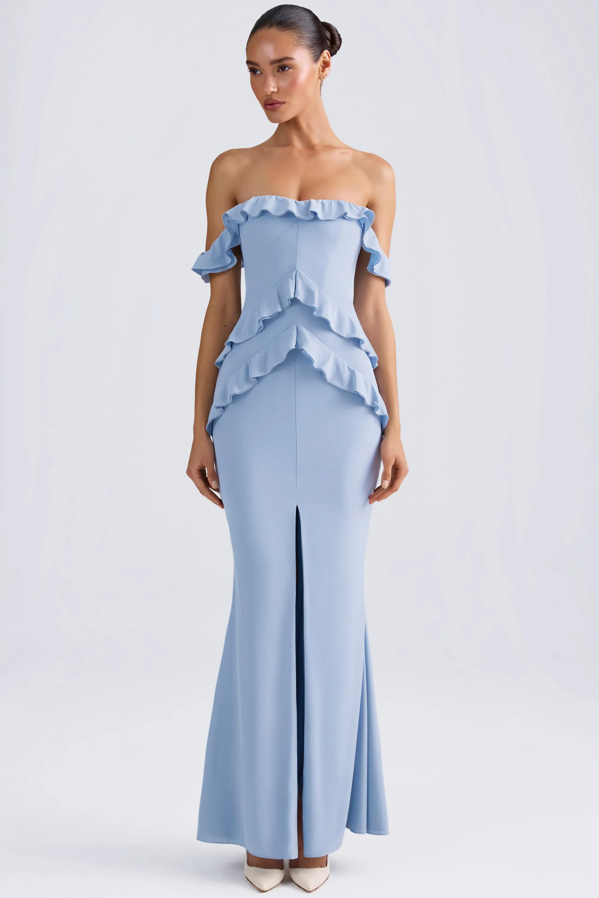 Off-Shoulder Ruffle-Trim Gown in Light Blue