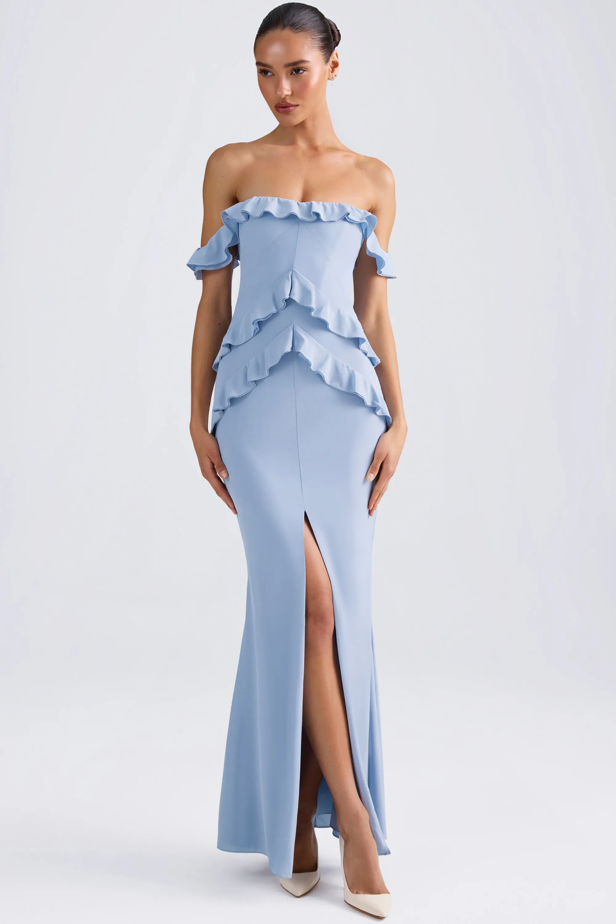 Off-Shoulder Ruffle-Trim Gown in Light Blue