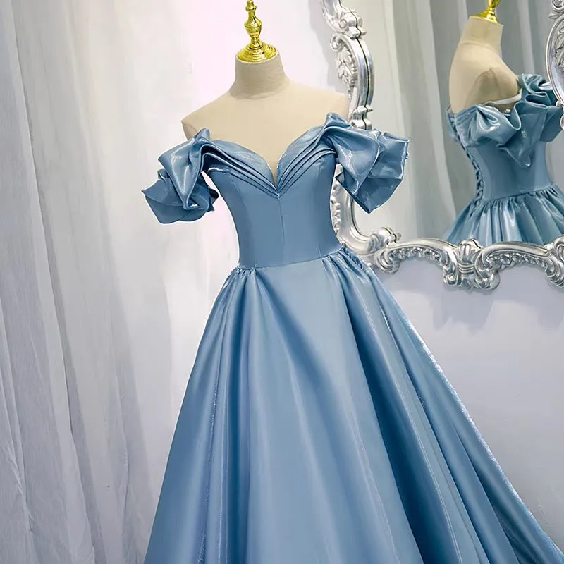 Off Shoulders Ball Gown Poofy Dusty Blue Prom Dress