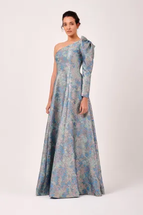 One Shoulder Blouson Sleeved A-Line Gown in Floral Jacquard