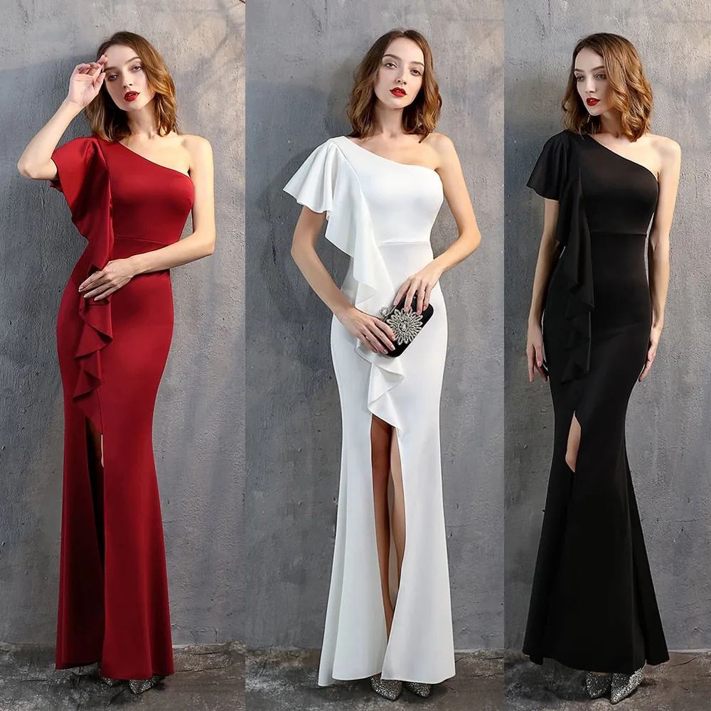 One-shoulder Elegant Long Night Party Dress Evening Vestidoes Side Slit Lotus Short Sleeve Taffeta Prom Gown