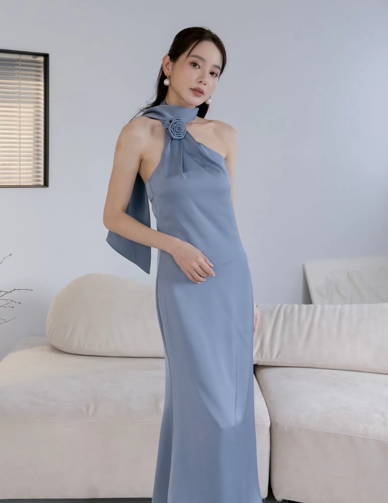 Paulina Toga Satin Dress in Blue